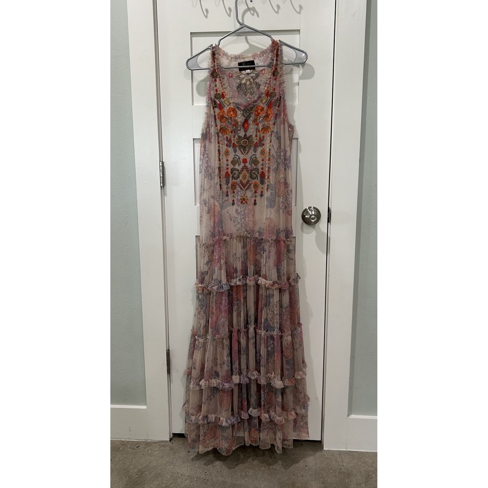 BIYA JOHNNY WAS Mesh Floral Print Embroidered Maxi Dress Sz M